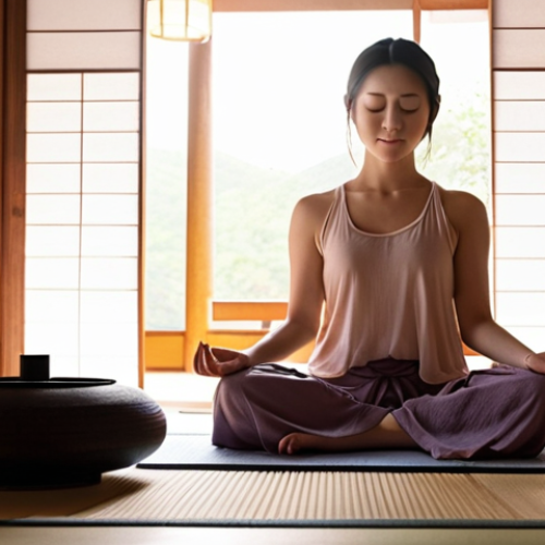 Serene Meditation Scene**

Prompt: A woman meditating peacefully in a sunlit room, eyes closed, gentle smile. Soft, warm lighting. Aromatherapy diffuser emitting a wisp of fragrant smoke. Focus on tranquility and inner peace. Pastel colors, serene atmosphere. Hints of Japanese aesthetic, such as tatami mats or shoji screens. Emphasis on mindfulness.

**
