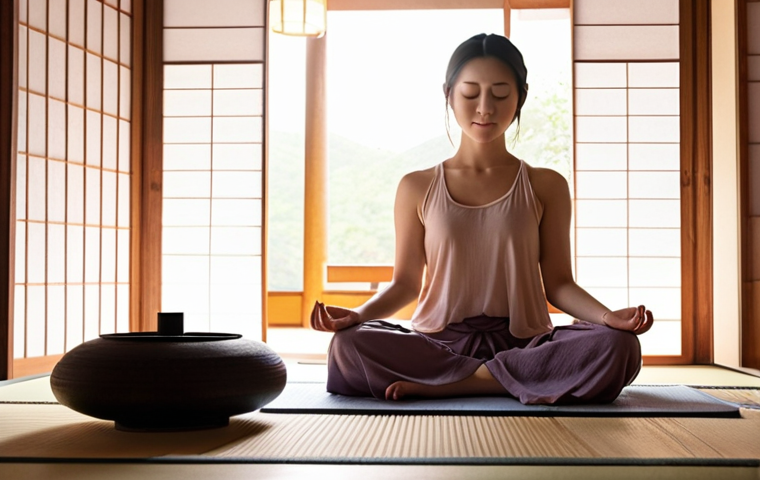 Serene Meditation Scene**

Prompt: A woman meditating peacefully in a sunlit room, eyes closed, gentle smile. Soft, warm lighting. Aromatherapy diffuser emitting a wisp of fragrant smoke. Focus on tranquility and inner peace. Pastel colors, serene atmosphere. Hints of Japanese aesthetic, such as tatami mats or shoji screens. Emphasis on mindfulness.

**