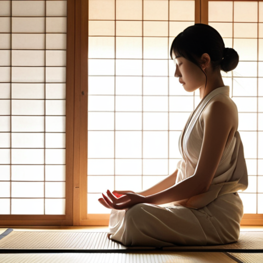 ** A serene woman meditating in a minimalist, modern Japanese room. Soft sunlight streams through a shoji screen. Focus on calmness, inner peace, and the integration of technology (implied app use) with traditional practices. Key elements: shoji, tatami mat, minimalist decor, sunlight, peaceful expression.

**