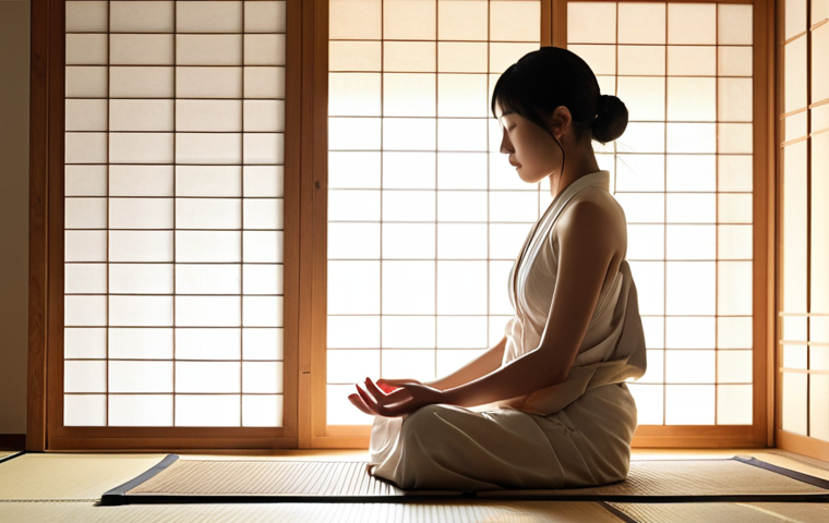 ** A serene woman meditating in a minimalist, modern Japanese room. Soft sunlight streams through a shoji screen. Focus on calmness, inner peace, and the integration of technology (implied app use) with traditional practices. Key elements: shoji, tatami mat, minimalist decor, sunlight, peaceful expression.

**