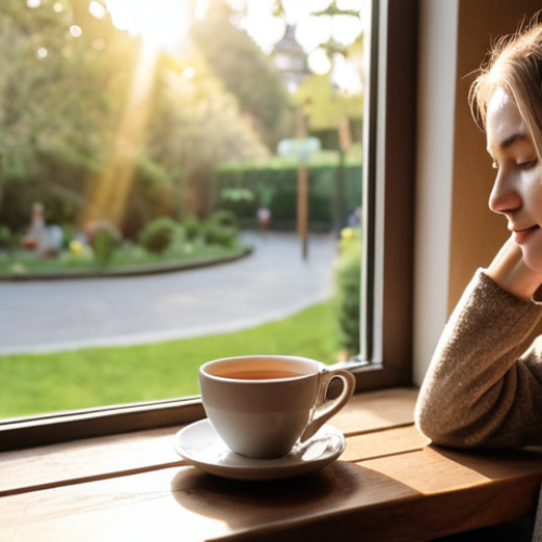 **

A cozy cafe window seat overlooking a serene park. A woman is enjoying a cup of tea, surrounded by the aroma of essential oils, with soft sunlight filtering through the window. The scene should evoke feelings of calm and relaxation, with elements of "digital detox" – no visible phones or laptops. Focus on the visual aspects of peace and mindfulness.

**