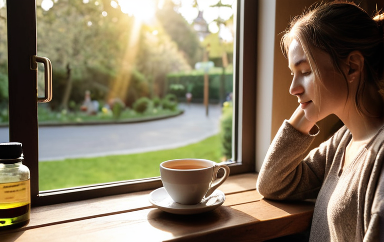 **

A cozy cafe window seat overlooking a serene park. A woman is enjoying a cup of tea, surrounded by the aroma of essential oils, with soft sunlight filtering through the window. The scene should evoke feelings of calm and relaxation, with elements of "digital detox" – no visible phones or laptops. Focus on the visual aspects of peace and mindfulness.

**