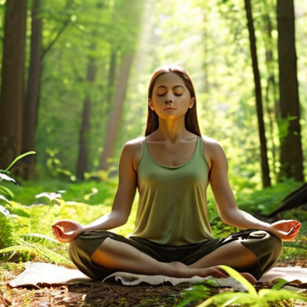 **

A serene individual meditating in a sunlit forest clearing. Focus on peaceful expression, natural light filtering through leaves, and a calming color palette (greens, browns, soft yellows). Incorporate elements of mindfulness and connection with nature.

**