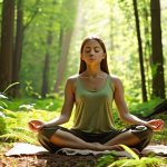 **

A serene individual meditating in a sunlit forest clearing. Focus on peaceful expression, natural light filtering through leaves, and a calming color palette (greens, browns, soft yellows). Incorporate elements of mindfulness and connection with nature.

**
