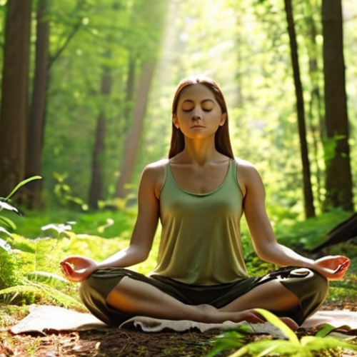 **

A serene individual meditating in a sunlit forest clearing. Focus on peaceful expression, natural light filtering through leaves, and a calming color palette (greens, browns, soft yellows). Incorporate elements of mindfulness and connection with nature.

**