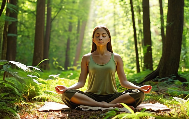 **

A serene individual meditating in a sunlit forest clearing. Focus on peaceful expression, natural light filtering through leaves, and a calming color palette (greens, browns, soft yellows). Incorporate elements of mindfulness and connection with nature.

**