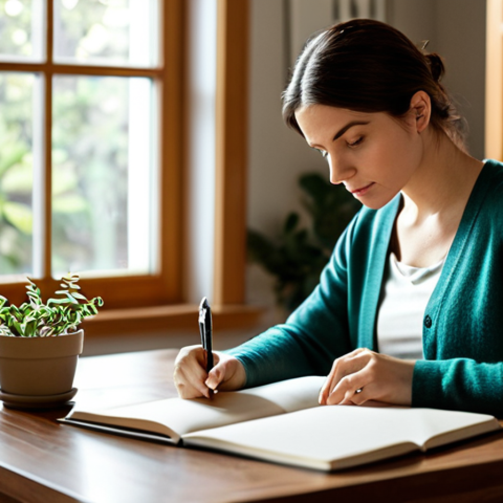 A calm and introspective professional woman in her early 30s, dressed in a modest business casual outfit featuring a soft knit cardigan and tailored trousers. She is seated comfortably at a clean, minimalist wooden desk, gently holding a pen over an open journal. A steaming mug is beside her. Her gaze is thoughtful and downcast, focused on her inner reflections. The setting is a serene, sunlit home office with warm, diffused natural light and a blurred background featuring a bookshelf with a few green plants. This image should convey a tranquil atmosphere of self-reflection. perfect anatomy, correct proportions, natural pose, well-formed hands, proper finger count, natural body proportions, professional photography, high quality, safe for work, appropriate content, fully clothed, modest clothing, professional dress, family-friendly.