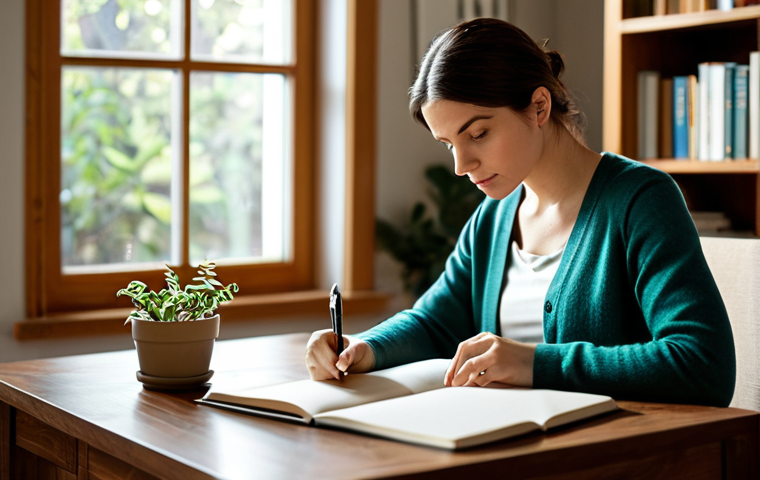 A calm and introspective professional woman in her early 30s, dressed in a modest business casual outfit featuring a soft knit cardigan and tailored trousers. She is seated comfortably at a clean, minimalist wooden desk, gently holding a pen over an open journal. A steaming mug is beside her. Her gaze is thoughtful and downcast, focused on her inner reflections. The setting is a serene, sunlit home office with warm, diffused natural light and a blurred background featuring a bookshelf with a few green plants. This image should convey a tranquil atmosphere of self-reflection. perfect anatomy, correct proportions, natural pose, well-formed hands, proper finger count, natural body proportions, professional photography, high quality, safe for work, appropriate content, fully clothed, modest clothing, professional dress, family-friendly.