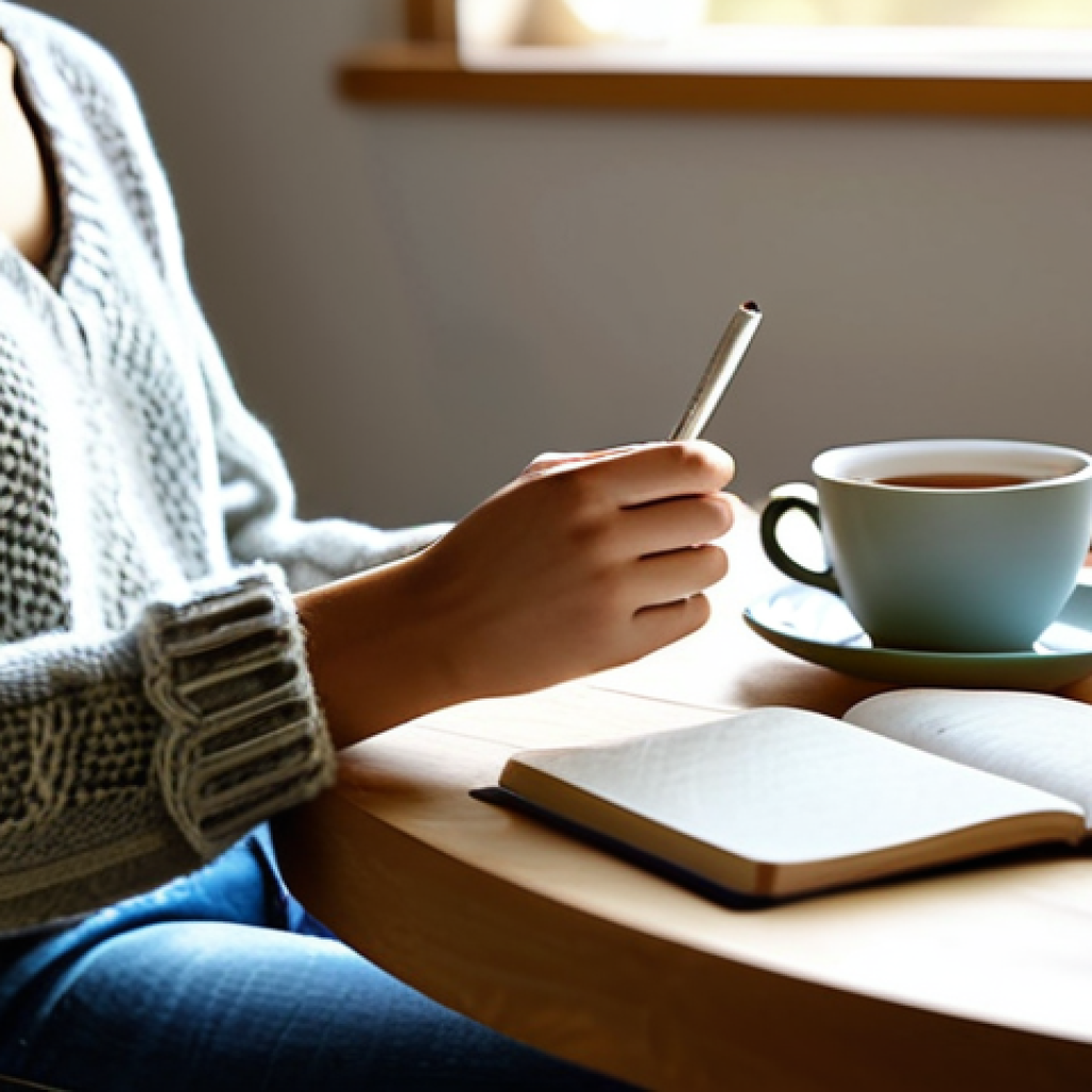 **
A woman in her late 20s, wearing a comfortable, fully clothed outfit (e.g., a knitted sweater and jeans), sitting in a sunlit room, journaling. Soft, natural lighting. A cup of herbal tea sits on the table beside her. Focus on peacefulness and self-care. safe for work, appropriate content, fully clothed, family-friendly, perfect anatomy, correct proportions, natural pose, well-formed hands, proper finger count, natural body proportions.
**