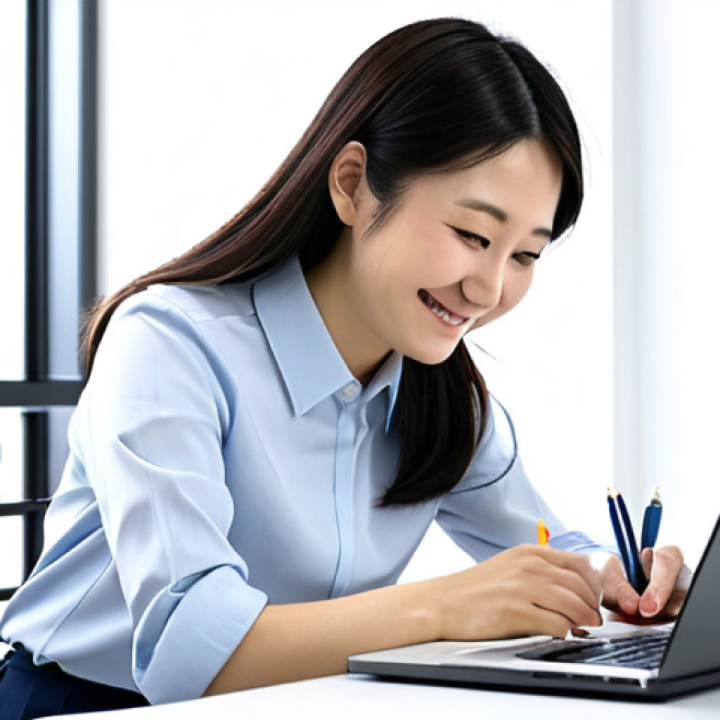 시간 관리와 자기 돌봄의 관계 - A professional Japanese woman in her late 20s, wearing a modest business casual outfit (skirt and bl...