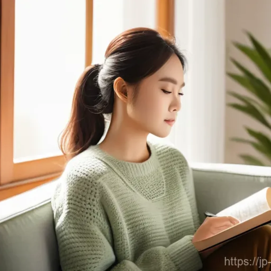 자기 돌봄을 위한 자아 인식 훈련 - **Prompt 1: Emotional Reflection and Journaling**
A serene East Asian woman, aged 25-35, is sitt...