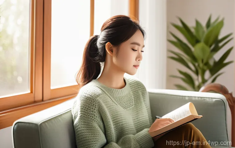 자기 돌봄을 위한 자아 인식 훈련 - **Prompt 1: Emotional Reflection and Journaling**
    A serene East Asian woman, aged 25-35, is sitt...