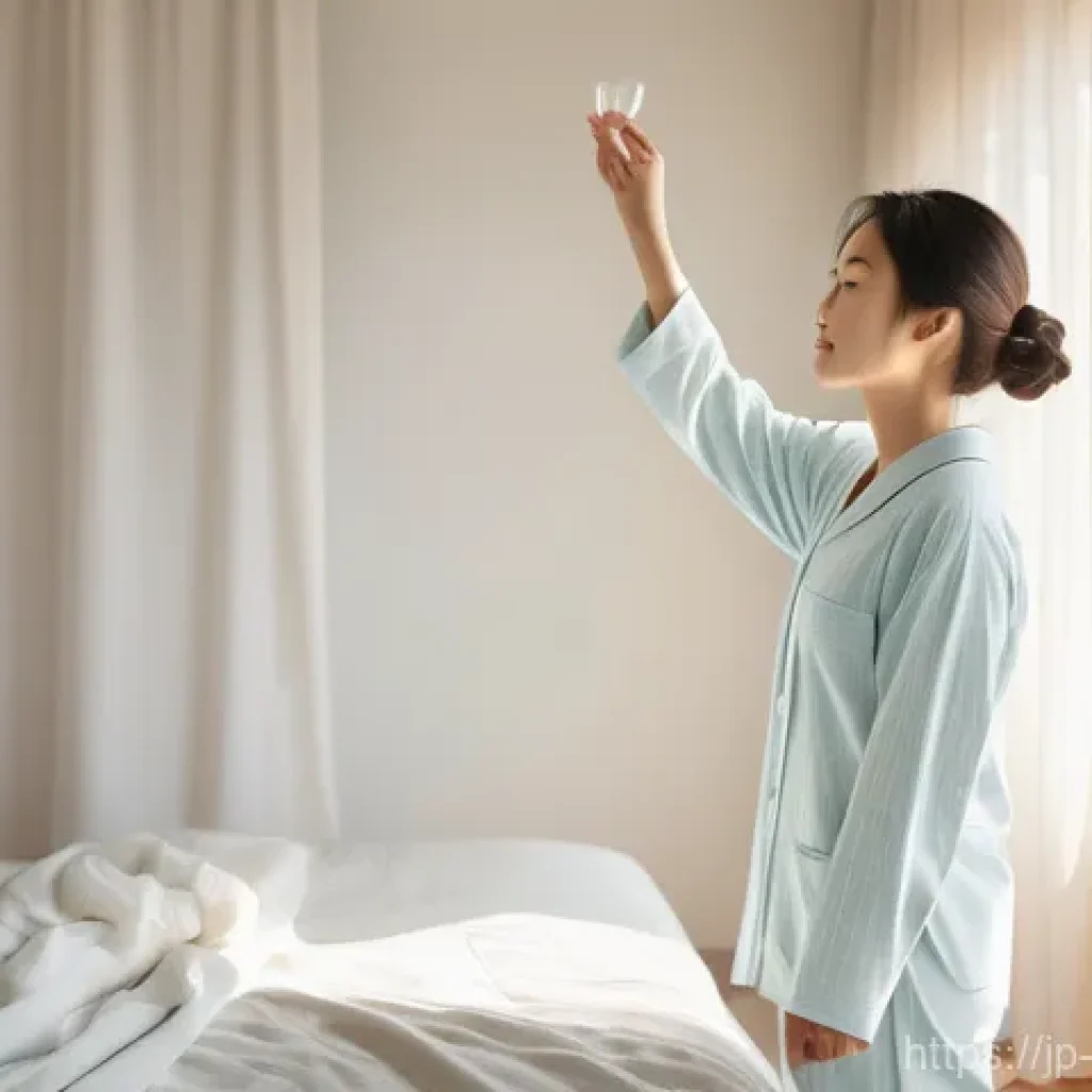 자기 돌봄을 위한 적절한 수면 관리 - **Prompt:** "A serene young Japanese woman in comfortable, soft cotton pajamas stretches gently in a...