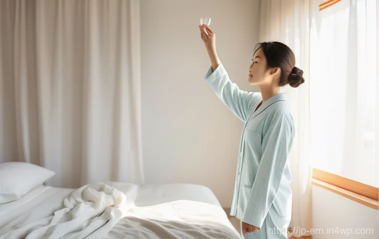 자기 돌봄을 위한 적절한 수면 관리 - **Prompt:** "A serene young Japanese woman in comfortable, soft cotton pajamas stretches gently in a...