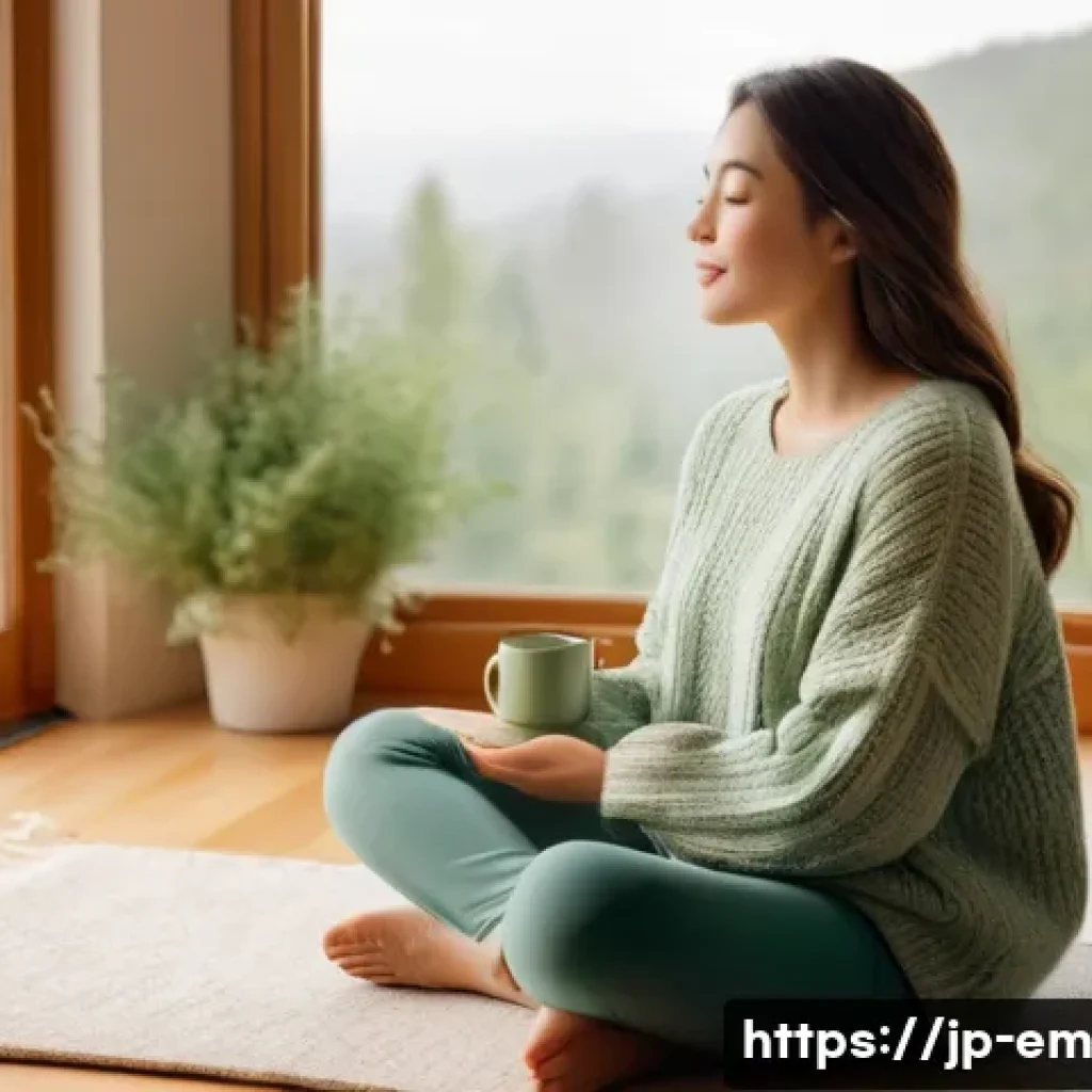 자기 돌봄 계획 수립을 위한 5단계 - **Prompt:** A serene and calm woman in her late 20s, wearing a comfortable, oversized knit sweater a...