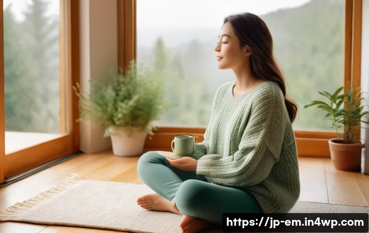 자기 돌봄 계획 수립을 위한 5단계 - **Prompt:** A serene and calm woman in her late 20s, wearing a comfortable, oversized knit sweater a...