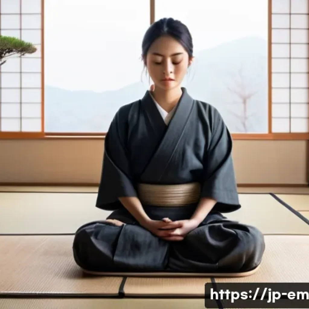 자기 돌봄을 위한 명상 방법 소개 - A serene Japanese-style room bathed in soft natural light with tatami mats and a low wooden table. A...
