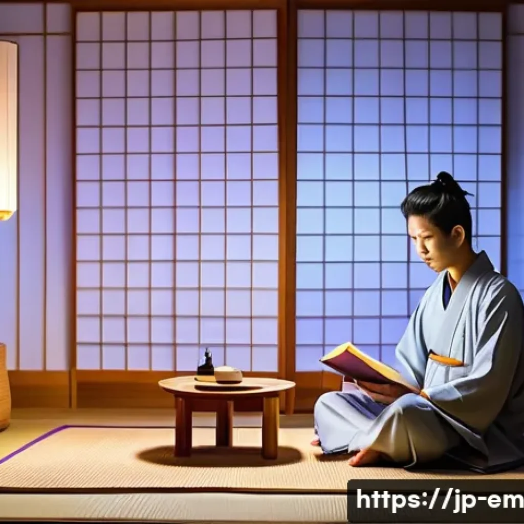 자기 돌봄을 위한 디지털 디톡스 방법 - A serene Japanese-style living room at dusk, featuring soft indirect lighting and a lavender-scented...