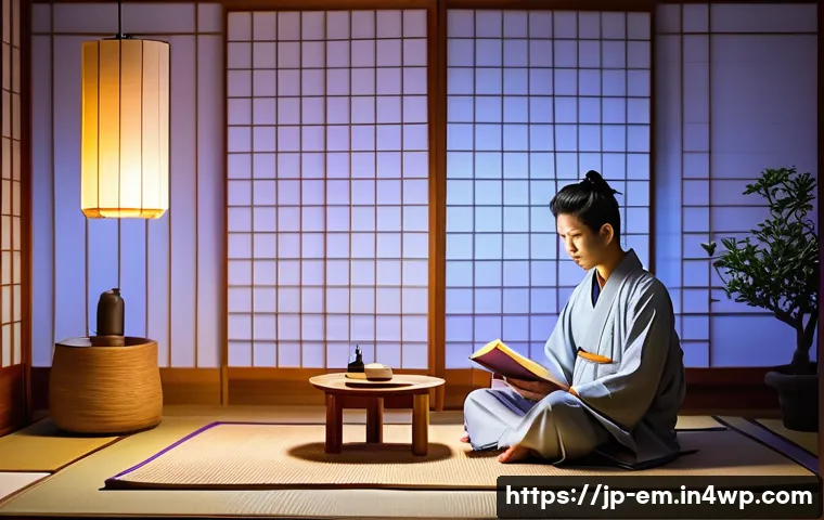 자기 돌봄을 위한 디지털 디톡스 방법 - A serene Japanese-style living room at dusk, featuring soft indirect lighting and a lavender-scented...