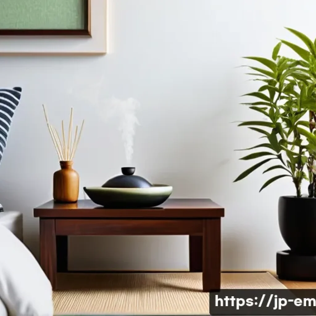 자기 돌봄을 위한 아로마테라피 활용법 - A serene modern Japanese bedroom at dawn with soft natural light filtering through shoji screens, fe...