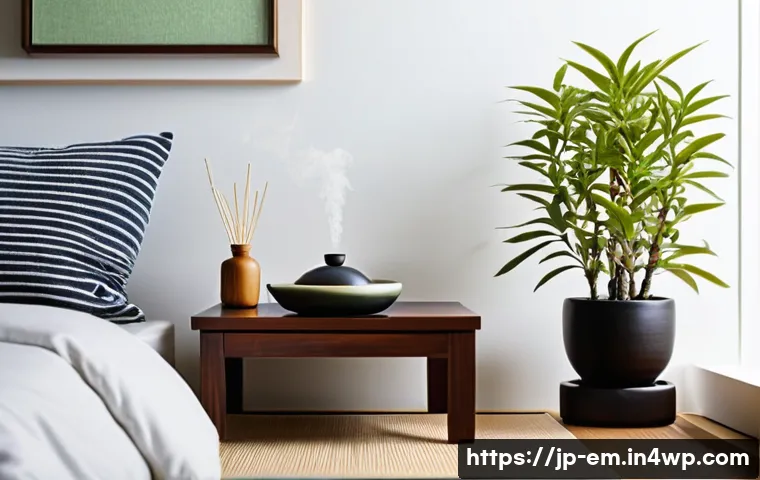 자기 돌봄을 위한 아로마테라피 활용법 - A serene modern Japanese bedroom at dawn with soft natural light filtering through shoji screens, fe...
