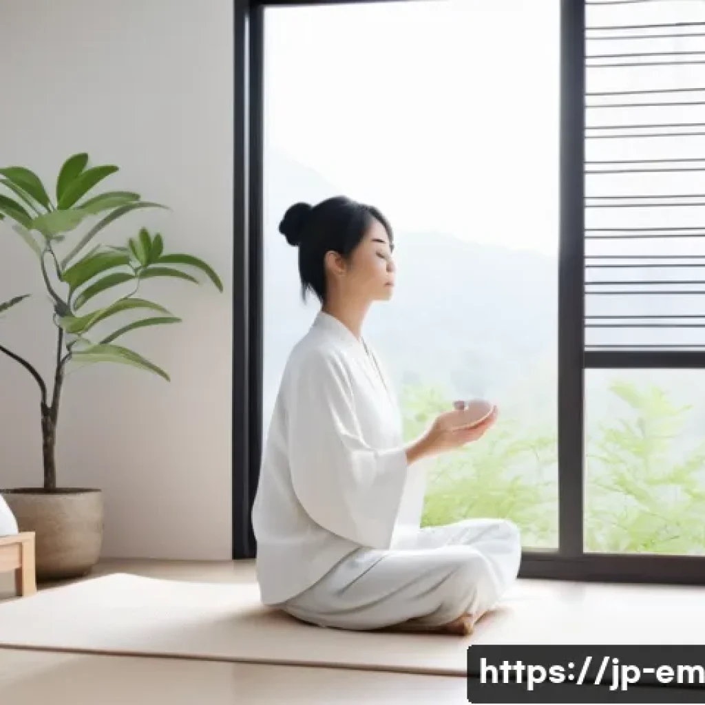 자기 돌봄의 개인적 사례 공유 플랫폼 - A serene morning self-care scene in a modern Japanese-style bedroom, featuring a young Japanese woma...