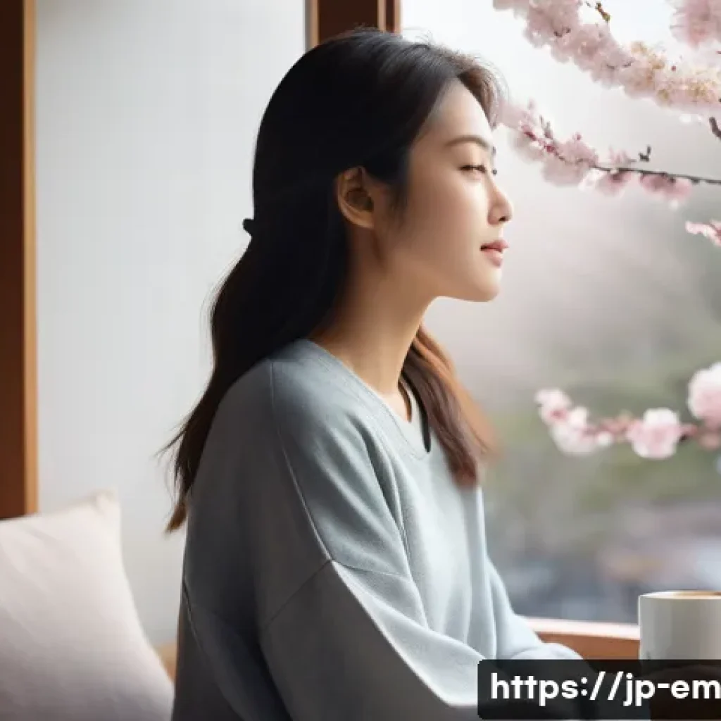 자기 돌봄을 위한 맞춤형 주의 기법 - A serene Japanese morning scene featuring a young woman in casual homewear sitting by a sunlit windo...