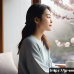 자기 돌봄을 위한 맞춤형 주의 기법 - A serene Japanese morning scene featuring a young woman in casual homewear sitting by a sunlit windo...