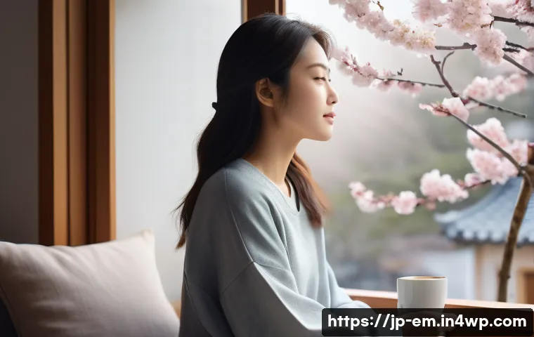 자기 돌봄을 위한 맞춤형 주의 기법 - A serene Japanese morning scene featuring a young woman in casual homewear sitting by a sunlit windo...