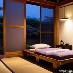 자기 돌봄의 실천을 위한 아이디어 모음 - A serene Japanese-style bedroom at night with soft ambient lighting, featuring a neatly made futon o...