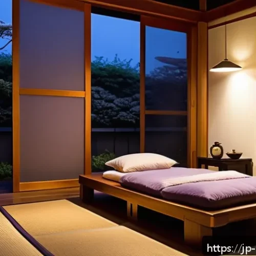 자기 돌봄의 실천을 위한 아이디어 모음 - A serene Japanese-style bedroom at night with soft ambient lighting, featuring a neatly made futon o...