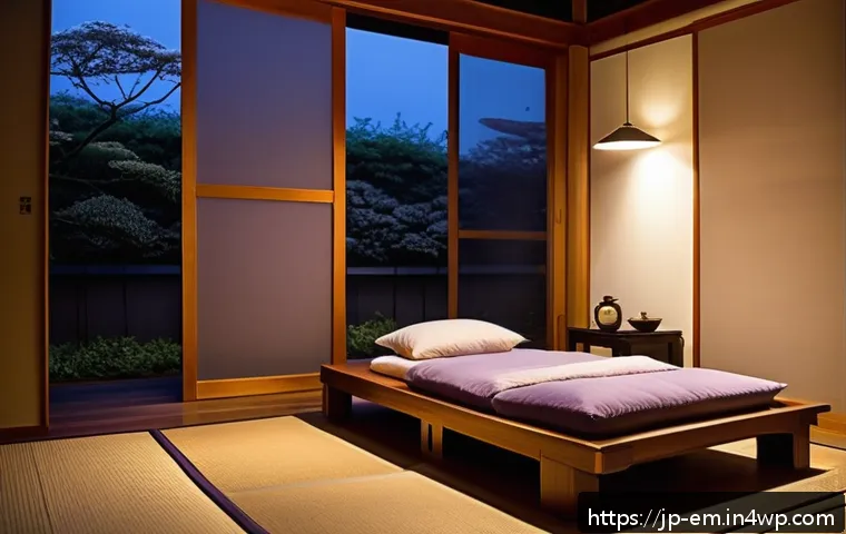 자기 돌봄의 실천을 위한 아이디어 모음 - A serene Japanese-style bedroom at night with soft ambient lighting, featuring a neatly made futon o...