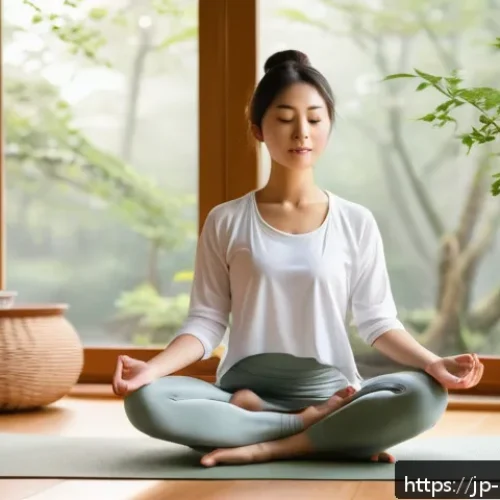 자기 돌봄과 사회적 고립 예방 - A serene morning scene of a young Japanese woman practicing gentle yoga by a large window with soft ...