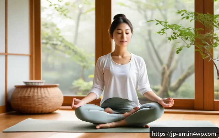 자기 돌봄과 사회적 고립 예방 - A serene morning scene of a young Japanese woman practicing gentle yoga by a large window with soft ...