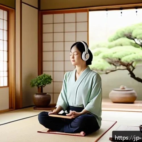 자기 돌봄을 위한 음악 치료의 이점 - A serene Japanese woman in her 30s wearing comfortable casual clothing, sitting peacefully in a mini...