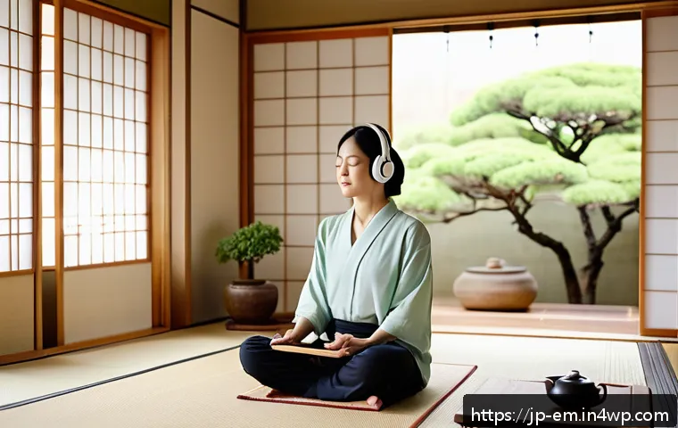 자기 돌봄을 위한 음악 치료의 이점 - A serene Japanese woman in her 30s wearing comfortable casual clothing, sitting peacefully in a mini...
